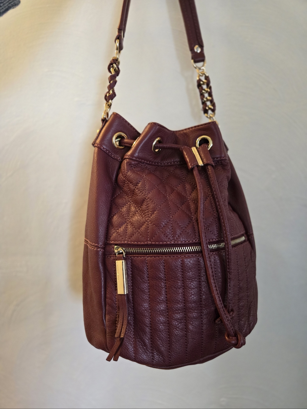 B. Makowsky Bordeaux Quilted Glove Leathe Bucket Bag - Gold Hardware